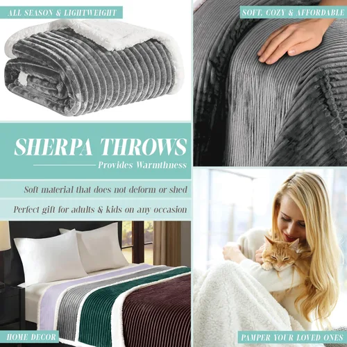 Miniatura 5 de Elegant Comfort Manta reversible de pana sherpa, peso medio y súper afelpada, manta de franela suave, mullida y afelpada, microgamuza, patrón de Gris