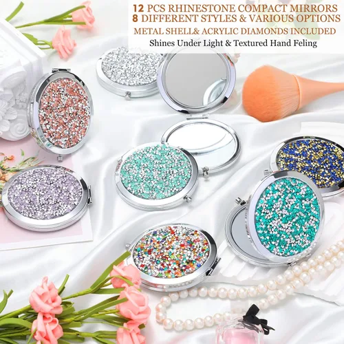 Miniatura 2 de Cindeer 12 piezas de espejo pequeño compacto plegable de bolsillo para maquillaje redondo de mano, espejo de diamantes de imitación compacto