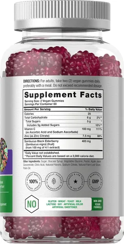 Miniatura 2 de Horbaach Gomitas de saúco negro 120 unidades Extracto de Sambucus con zinc y vitamina C Sabor a bayas Suplemento vegano, sin OMG y sin