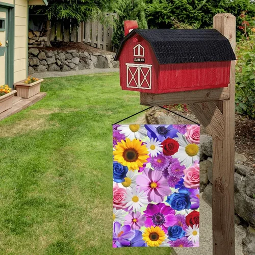 Miniatura 3 de Bandera de jardín con patrón de flores de girasol amarillo, rojo y azul rosa, floral, margarita blanca, flor morada, poliéster de doble cara