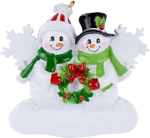 Adornos personalizados de muñeco de nieve de Navidad, muñeco de nieve de 2024 familia de 2 con adorno de copos de nieve, adorno de pareja de muñeco