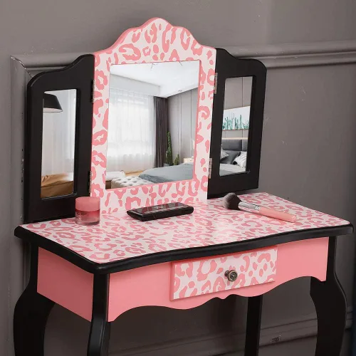 Miniatura 9 de Juego de tocador y taburete para niños con espejo, tocador de maquillaje de princesa 2 en 1 con cajón y parte superior desmontable, tocador