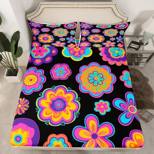 Miniatura 12 de Juego de ropa de cama con diseño floral bohemio, tamaño individual, diseño retro de flores groovy, 60S y 70S, diseño de flores hippie para niños