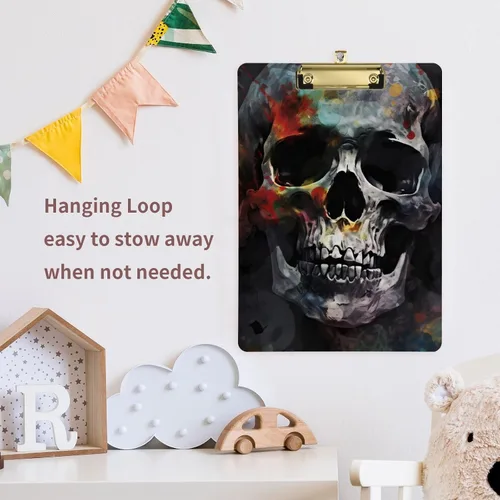 Miniatura 7 de Vnurnrn Portapapeles de plástico de calaveras coloridas con gancho tamaño A4 12.5 X 9 pulgadas clip de plata para dibujo oficina