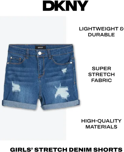Miniatura 2 de DKNY Pantalones cortos de mezclilla elásticos con 5 bolsillos para niña grande