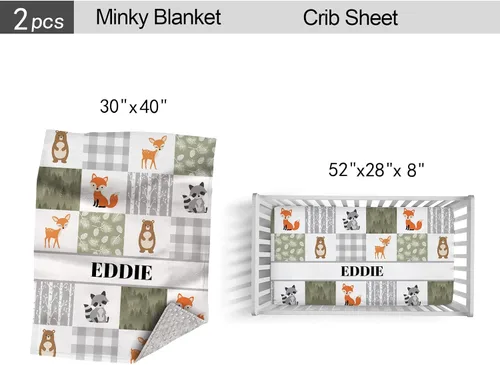 Miniatura 4 de Juego de ropa de cama de animales del bosque, ropa de cama personalizada de 2 piezas para cuna para bebé niña o niño, incluye sábana bajera