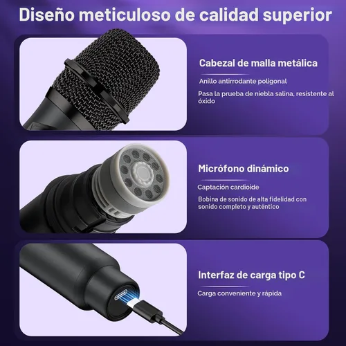 Miniatura 8 de Micrófono inalámbrico, sistema profesional de micrófono dinámico inalámbrico de mano dual con receptor recargable, Plug & Play, compatible