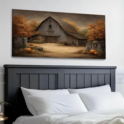 Miniatura 3 de Lienzo decorativo de 30 x 60 pulgadas, diseño de calabaza de otoño, decoración de baño, granero antiguo, otoño, cuadros enmarcados, pintura impresa