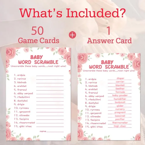 Miniatura 2 de OLOUTAB 50 Juegos de Baby Shower para Niña - Juego de Palabras con Tema Floral, Cartulina Gruesa, Divertido y Fácil de Jugar (Con Respuesta)