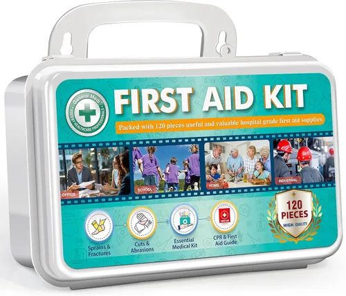 Kit de primeros auxilios General Medi de 120 piezas con estuche duro - Incluye paquete frío instantáneo, manta de emergencia para viajes, hogar,