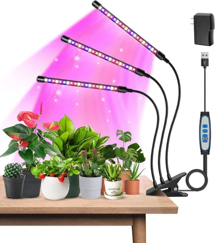 Garpsen Luces para Plantas, Luces de Crecimiento de 3 Cabezas Rojo Azul Blanco Cálido Espectro Completo para Plantas de Interior, Luz de Crecimiento