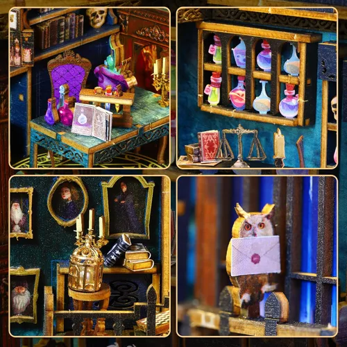 Miniatura 6 de Kit de rincón de libro, inserción de estantería, modelo de madera en miniatura con sensor de luz LED, tema de mercado mágico, diorama 3D