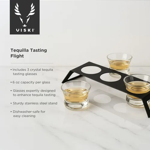 Miniatura 2 de Viski Tequila Tasting Flight – 3 vasos de degustación de tequila de cristal sin plomo con soporte de acero inoxidable, capacidad de 6 onzas cada uno