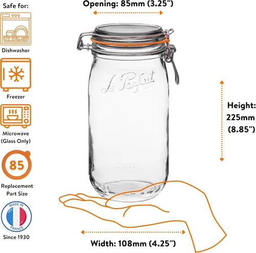 Miniatura 5 de Le Parfait Super Jar, frasco de conservación francés de 1.5L con cuerpo redondo, boca ancha, frasco transparente (32oz/cuarto y medio, 1 paquete)