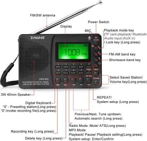 Miniatura 7 de ZHIWHIS Radio Bluetooth portátil, radios FM AM de onda corta con temporizador de sueño y función preestablecida, grabadora digital recargable