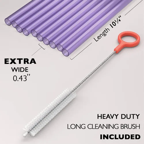 Miniatura 2 de Fiesta First 10 pajitas de plástico duro morado reutilizables EXTRA ANCHAS largas + cepillo de limpieza - Pajitas gruesas grandes jumbo para batidos