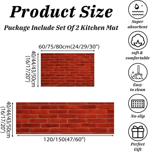 Miniatura 2 de Deep Red Kitchen Rugs, Farmhouse-Style Brick Wall Non Skid Washable Comfort Mats for Floor, Anti Fatigue Kitchen Cushioned Runner Rug Retro