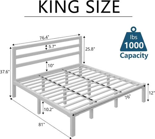 Miniatura 2 de LoVinson Base de cama tamaño King, base de cama de plataforma resistente con base de metal fuerte, almacenamiento debajo de la cama, base de Blanco