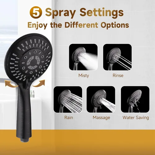Miniatura 7 de BRIGHT SHOWERS Sistema de ducha, cabezal de ducha tipo lluvia de 9 pulgadas con ducha de mano de 5 funciones, combo de ducha doble con soporte