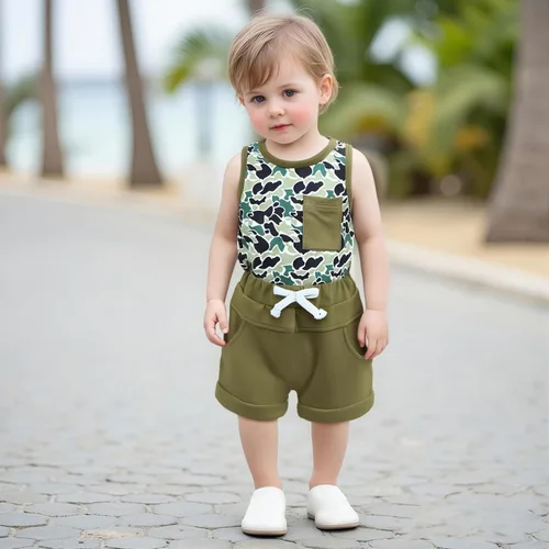 Miniatura 81 de Ropa de bebé niño sin mangas + pantalones cortos con estampado a rayas con bolsillos, 2 piezas de trajes de verano