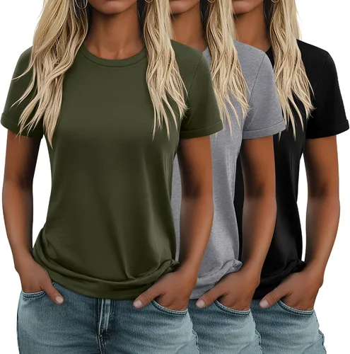 Miniatura 23 de Huukeay Paquete de 3 camisetas de algodón para mujer, estilo casual, de manga corta, cuello redondo, ajuste holgado, básica, lisa
