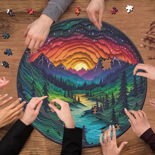 Miniatura 5 de Rompecabezas del Bosque Mágico para Adultos de 1000 Piezas, Rompecabezas de Paisaje de Naturaleza con Árbol Redondo, Montaña, Río y Puesta de Sol