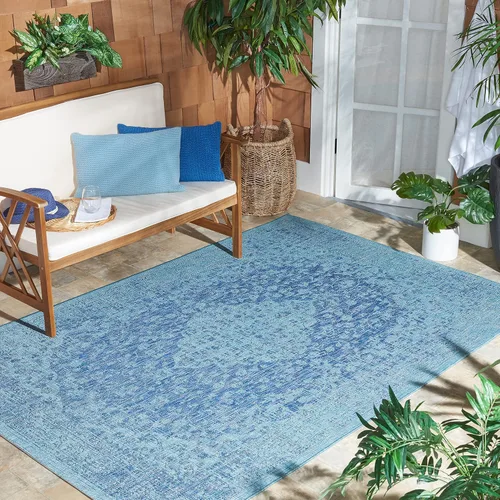 Miniatura 12 de SAFAVIEH Alfombra lavable para exteriores, colección Courtyard de 2.3 x 6.7 pies, color verde azulado y crema, no desprende pelusa y es fácil