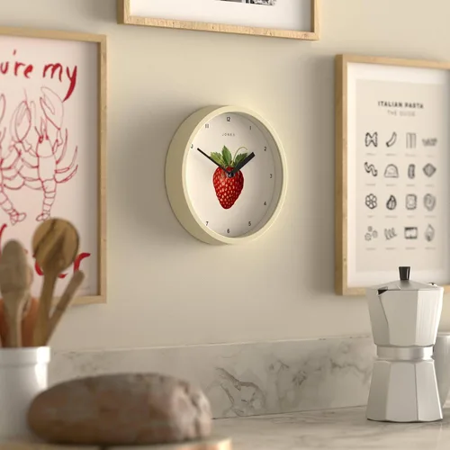 Miniatura 4 de JONES CLOCKS® Reloj de pared de frutas Reloj redondo pequeño 8 pulgadas Crema Arte botánico ilustrado de fresa Ideal para cocina y comedor.