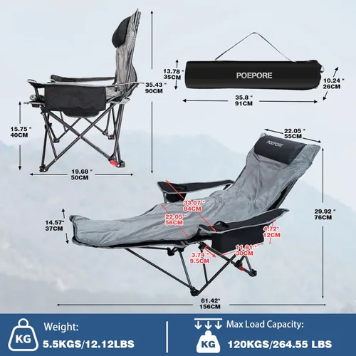 Miniatura 2 de Silla de camping reclinable de 4 posiciones con reposapiés, cómoda para adultos, tumbona plegable de 265 libras, silla de playa de malla con bolsa