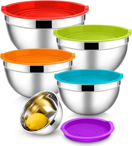Miniatura 12 de E-far Tazones para mezclar con tapas, juego de 6 piezas de tazones para ensalada de acero inoxidable, tazones de metal anidables para hornear, Azul