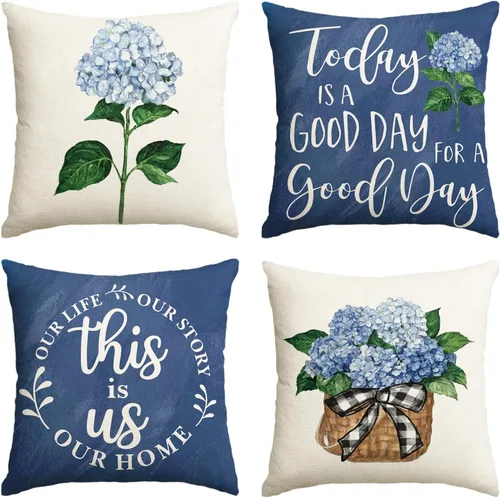 AVOIN colorlife Juego de 4 fundas de almohada de hortensias azules para primavera y verano, 16 x 16 pulgadas, diseño de «Today is A Good Day», color
