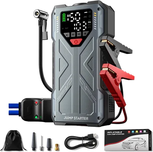 Arrancador de salto con compresor de aire, caja de salto portátil de coche de 4000 A 12 V, inflador de neumáticos de 150 PSI, batería de inflador de