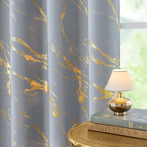 Miniatura 14 de WUBODTI Cortinas 100% Opacas de Mármol Beige de 63 Pulgadas de Largo 2 Paneles, Cortina Corta con Ojales de Impresión de Lámina Dorada Moderna