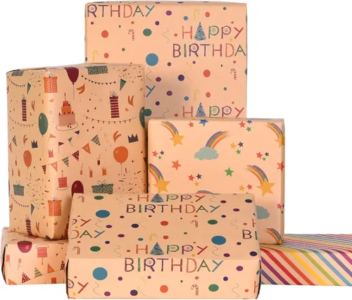 Miniatura 17 de PlandRichW Papel de regalo de cumpleaños, 4 divertidos diseños de fiesta, globos, arcoíris, cupcakes, confeti, plegado de 20 x 29 pulgadas, 12