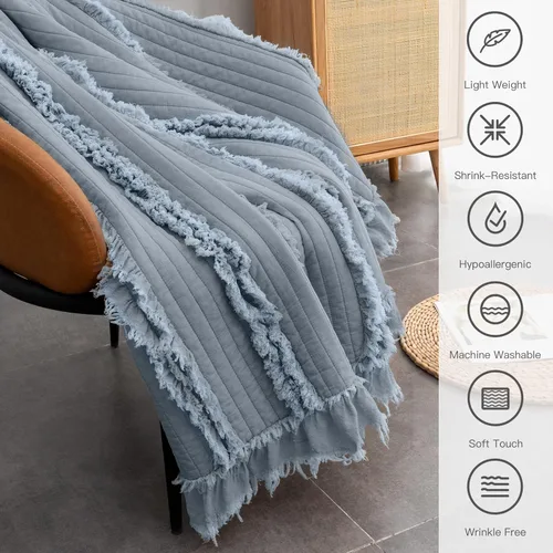 Miniatura 3 de Manta de tiro acolchada ultra suave prelavada, manta decorativa de tiro azul oscuro con volantes y flecos, manta rústica elegante lavada a la piedra