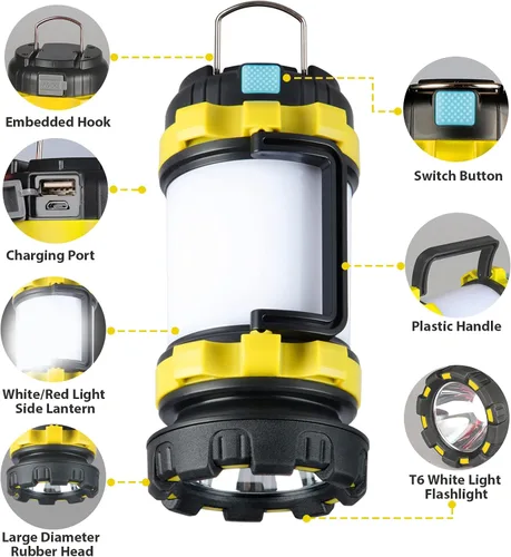 Miniatura 5 de Paquete de 2 linternas de campamento, luz LED para acampar al aire libre, linternas recargables con 1000 lm, 6 modos, banco de energía de 4000 mAh