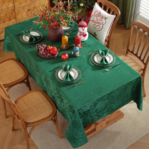 Miniatura 3 de SASTYBALE Mantel rectangular de Navidad, mantel jacquard verde de 60 x 102 pulgadas con patrón floral de flor de pascua, mantel de tela de damasco