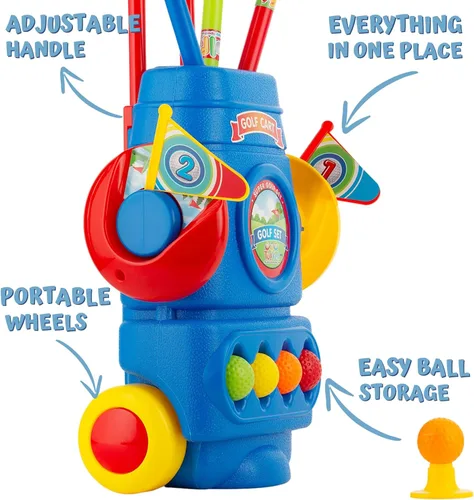 Miniatura 4 de ToyVelt Juego de golf para niños pequeños, palos de golf para niños con 6 pelotas, 4 palos de golf, 2 agujeros de práctica y una alfombrilla de Azul
