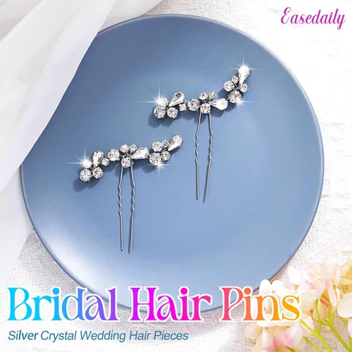 Miniatura 4 de Rhinstone - Horquillas para el pelo de novia de cristal plateado, accesorios para el cabello para mujeres y niñas (paquete de 2) (A-plateado)