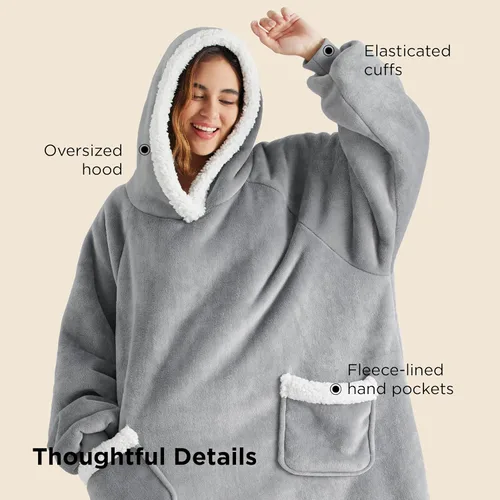 Miniatura 7 de Bedsure Manta con capucha, manta con capucha portátil como regalos para mamá, regalos de cumpleaños para mujeres, niños y adolescentes, sudadera Gris