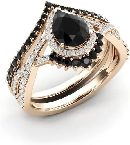 Miniatura 3 de Anillo de compromiso de ónix negro en forma de pera, halo de oro rosa, único juego de anillos de compromiso de piedra negra para mujer, anillo