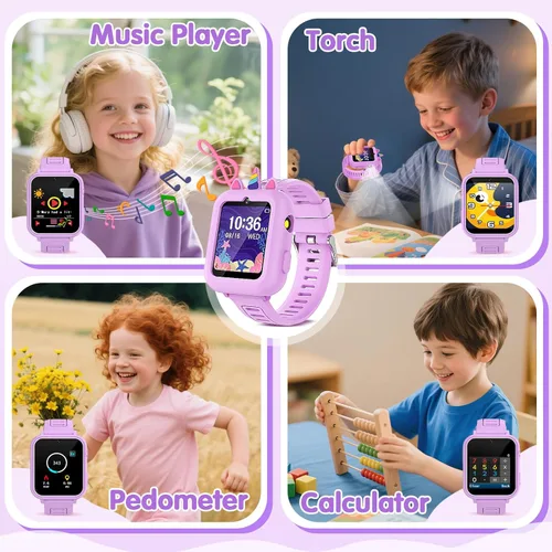 Miniatura 7 de Reloj Inteligente para Niñas Regalo de 3-12 Años con 39 Juegos Despertador Cámara Video Reproductor de Música Podómetro Linterna 12/24 hr Pantalla