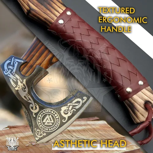 Miniatura 2 de Hacha vikinga decorativa hecha a mano con mango y funda envueltos en cuero, hoja grabada, regalo coleccionable ceremonial para hombres, guerreros