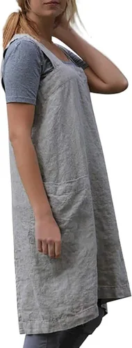 Miniatura 2 de Vestido tipo delantal con espalda cruzada para mujer con bolsillos, delantal de lino y algodón, talla grande Gris oscuro