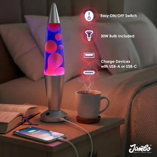 Miniatura 3 de JAMBO Hermosa lámpara líquida con puertos USB, luz de movimiento de 16" con líquido azul y cera morada, luz nocturna relajante, luz ambiental