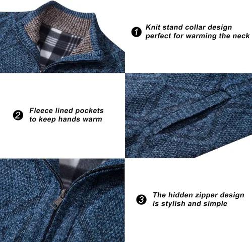 Miniatura 83 de VtuAOL Suéteres tipo cárdigan para hombre, con cremallera completa, cuello alto, cárdigan de punto casual con bolsillos