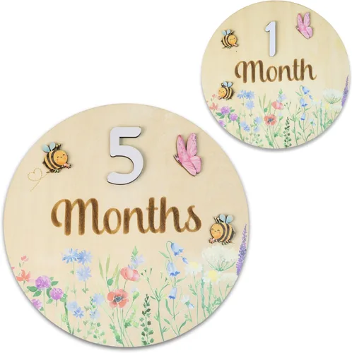 Miniatura 11 de Tarjetas de hitos mensuales para bebés - Discos de hitos mensuales de madera - Accesorios para fotografía de recién nacidos para documentar el Flor