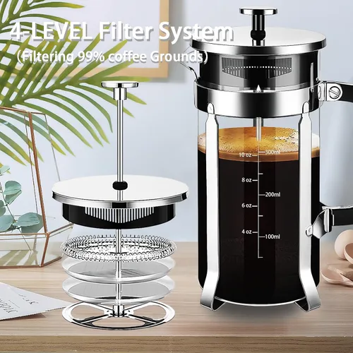 Miniatura 7 de YMMIND Cafetera de prensa francesa de acero inoxidable 304 con sistema de 4 filtros, vidrio de borosilicato resistente al calor, tetera de té libre