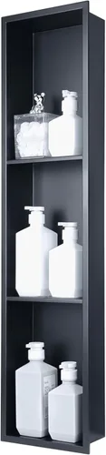 Miniatura 15 de Nicho de ducha empotrado de 24 x 12 pulgadas con estantes dobles, inserto de pared de acero inoxidable negro mate, no necesita azulejos
