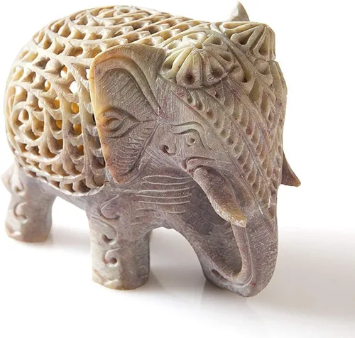 Estatuilla de elefante tallada con escultura de elefante madre con estatua interior de bebé de 4 pulgadas, hecha a mano en Jali o calado de un solo